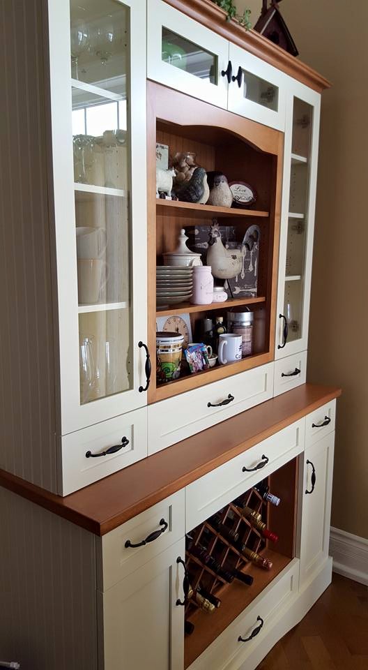 Custom white hutch with stained wood top and wine storage